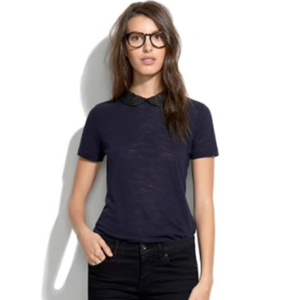 Madewell Navy Knit Top w/ Peter Pan Black Collar